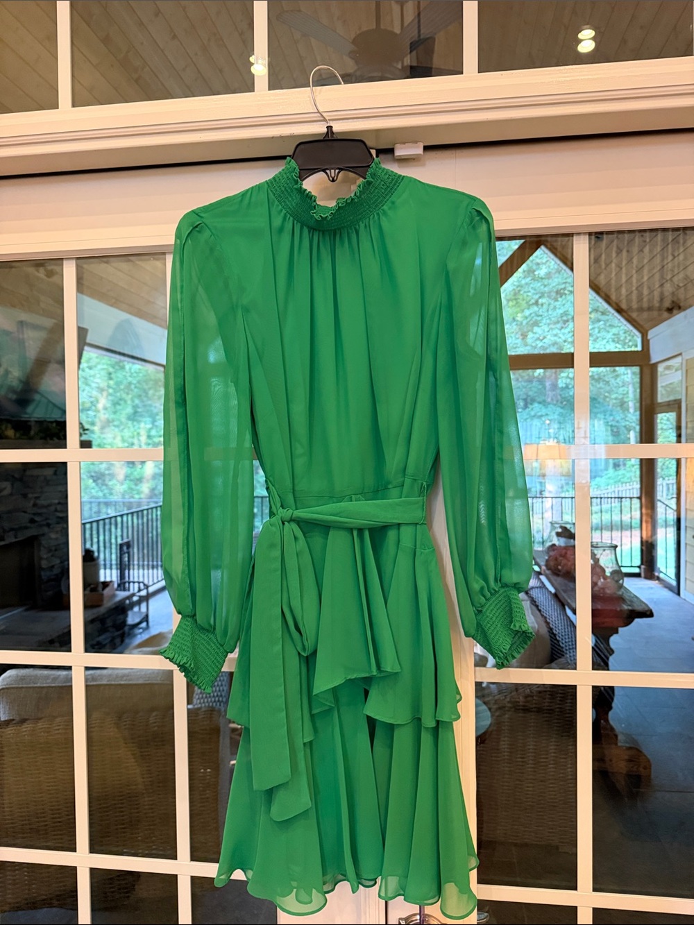 Green Long-Sleeve Ruffled Waist-Tie Dress